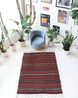 Vintage kilim rug in room decor setting, old rug, antique rug, pastel colors, faded colors, Turkish rug, vintage rug, soft rug, Portland, Oregon, rug store, rug shop, local shop, bold colors, bright colors, faded colors