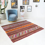 Vintage kilim rug in living room setting, bright colors, wild shaman, soft rug, bold color, Portland, Oregon, rug store, rug shop, local shop, vintage rug, modern kilim, warm colors