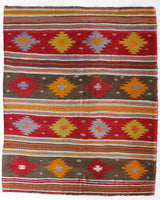 Vintage kilim rug in living room setting, bright colors, wild shaman, soft rug, bold color, Portland, Oregon, rug store, rug shop, local shop, vintage rug, modern kilim, warm colors