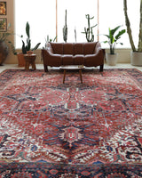 Antique Persian area rug in a living room setting, pile rug, vintage rug, portland, rug shop, bright colors, wild shaman, soft rug, bold color, Portland, Oregon, rug store, rug shop, local shop, antique rug, Persian rug, handmade rug, wool rug, distressed rug