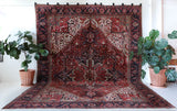 Antique Persian area rug in a living room setting, pile rug, vintage rug, portland, rug shop, bright colors, wild shaman, soft rug, bold color, Portland, Oregon, rug store, rug shop, local shop, antique rug, Persian rug, handmade rug, wool rug, distressed rug