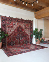 Antique Persian area rug in a living room setting, pile rug, vintage rug, portland, rug shop, bright colors, wild shaman, soft rug, bold color, Portland, Oregon, rug store, rug shop, local shop, antique rug, Persian rug, handmade rug, wool rug, distressed rug