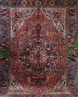 Antique Persian area rug in a living room setting, pile rug, vintage rug, portland, rug shop, bright colors, wild shaman, soft rug, bold color, Portland, Oregon, rug store, rug shop, local shop, antique rug, Persian rug, handmade rug, wool rug, distressed rug