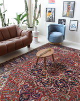 Antique Persian area rug in a living room setting, pile rug, vintage rug, portland, rug shop, bright colors, wild shaman, soft rug, bold color, Portland, Oregon, rug store, rug shop, local shop, antique rug, Persian rug, handmade rug, wool rug, distressed rug