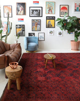 Antique Turkmen rug in a living room setting, pile rug, Turkish rug, vintage rug, portland, rug shop, bright colors, wild shaman, soft rug, bold color, Portland, Oregon, rug store, rug shop, local shop, antique rug