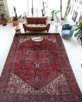Antique Persian area rug in a living room setting, pile rug, vintage rug, portland, rug shop, bright colors, wild shaman, soft rug, bold color, Portland, Oregon, rug store, rug shop, local shop, antique rug, Persian rug, handmade rug, wool rug, distressed rug