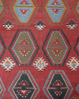 Vintage kilim rug in living room setting, old rug, antique rug, pastel colors, faded colors, Turkish rug, vintage rug, soft rug, Portland, Oregon, rug store, rug shop, local shop, earthy tones, earthy colors, warm colors