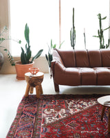 Antique Persian area rug in a living room setting, pile rug, vintage rug, portland, rug shop, bright colors, wild shaman, soft rug, bold color, Portland, Oregon, rug store, rug shop, local shop, antique rug, Persian rug, handmade rug, wool rug, distressed rug