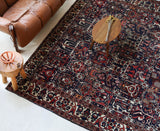 Antique Persian area rug in a living room setting, pile rug, vintage rug, portland, rug shop, bright colors, wild shaman, soft rug, bold color, Portland, Oregon, rug store, rug shop, local shop, antique rug, Persian rug, handmade rug, wool rug, distressed rug