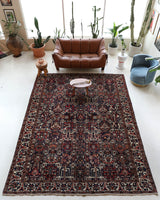 Antique Persian area rug in a living room setting, pile rug, vintage rug, portland, rug shop, bright colors, wild shaman, soft rug, bold color, Portland, Oregon, rug store, rug shop, local shop, antique rug, Persian rug, handmade rug, wool rug, distressed rug