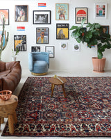 Antique Persian area rug in a living room setting, pile rug, vintage rug, portland, rug shop, bright colors, wild shaman, soft rug, bold color, Portland, Oregon, rug store, rug shop, local shop, antique rug, Persian rug, handmade rug, wool rug, distressed rug