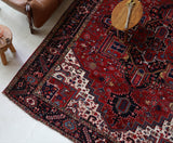Antique Persian area rug in a living room setting, pile rug, vintage rug, portland, rug shop, bright colors, wild shaman, soft rug, bold color, Portland, Oregon, rug store, rug shop, local shop, antique rug, Persian rug, handmade rug, wool rug, distressed rug