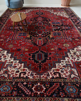 Antique Persian area rug in a living room setting, pile rug, vintage rug, portland, rug shop, bright colors, wild shaman, soft rug, bold color, Portland, Oregon, rug store, rug shop, local shop, antique rug, Persian rug, handmade rug, wool rug, distressed rug