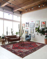 Antique Persian area rug in a living room setting, pile rug, vintage rug, portland, rug shop, bright colors, wild shaman, soft rug, bold color, Portland, Oregon, rug store, rug shop, local shop, antique rug, Persian rug, handmade rug, wool rug, distressed rug
