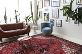 Antique Persian area rug in a living room setting, pile rug, vintage rug, portland, rug shop, bright colors, wild shaman, soft rug, bold color, Portland, Oregon, rug store, rug shop, local shop, antique rug, Persian rug, handmade rug, wool rug, distressed rug