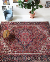 Antique Persian area rug in a living room setting, pile rug, vintage rug, portland, rug shop, bright colors, wild shaman, soft rug, bold color, Portland, Oregon, rug store, rug shop, local shop, antique rug, Persian rug, handmade rug, wool rug, distressed rug