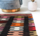 Vintage kilim rug in living room setting, bright colors, wild shaman, soft rug, bold color, Portland, Oregon, rug store, rug shop, local shop, vintage rug, modern kilim, warm colors