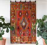 Vintage kilim rug in living room setting, bright colors, wild shaman, soft rug, bold color, Portland, Oregon, rug store, rug shop, local shop, vintage rug, modern kilim, warm colors