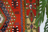 Vintage kilim rug in living room setting, bright colors, wild shaman, soft rug, bold color, Portland, Oregon, rug store, rug shop, local shop, vintage rug, modern kilim, warm colors