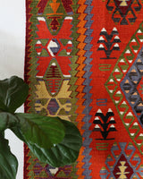 Vintage kilim rug in living room setting, bright colors, wild shaman, soft rug, bold color, Portland, Oregon, rug store, rug shop, local shop, vintage rug, modern kilim, warm colors
