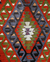 Vintage kilim rug in living room setting, bright colors, wild shaman, soft rug, bold color, Portland, Oregon, rug store, rug shop, local shop, vintage rug, modern kilim, warm colors
