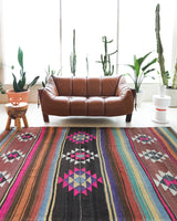 Vintage kilim rug in living room setting, bright colors, wild shaman, soft rug, bold color, Portland, Oregon, rug store, rug shop, local shop, vintage rug, modern kilim, warm colors