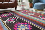 Vintage kilim rug in living room setting, bright colors, wild shaman, soft rug, bold color, Portland, Oregon, rug store, rug shop, local shop, vintage rug, modern kilim, warm colors