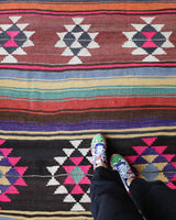 Vintage kilim rug in living room setting, bright colors, wild shaman, soft rug, bold color, Portland, Oregon, rug store, rug shop, local shop, vintage rug, modern kilim, warm colors