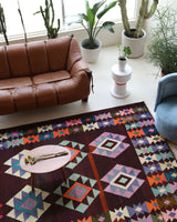 Vintage kilim rug in living room setting, bright colors, wild shaman, soft rug, bold color, Portland, Oregon, rug store, rug shop, local shop, vintage rug, modern kilim, warm colors