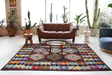Vintage kilim rug in living room setting, bright colors, wild shaman, soft rug, bold color, Portland, Oregon, rug store, rug shop, local shop, vintage rug, modern kilim, warm colors