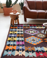 Vintage kilim rug in living room setting, bright colors, wild shaman, soft rug, bold color, Portland, Oregon, rug store, rug shop, local shop, vintage rug, modern kilim, warm colors