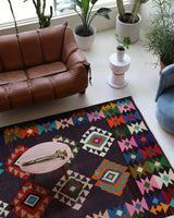 Vintage kilim rug in living room setting, bright colors, wild shaman, soft rug, bold color, Portland, Oregon, rug store, rug shop, local shop, vintage rug, modern kilim, warm colors