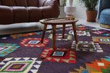 Vintage kilim rug in living room setting, bright colors, wild shaman, soft rug, bold color, Portland, Oregon, rug store, rug shop, local shop, vintage rug, modern kilim, warm colors