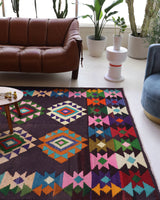 Vintage kilim rug in living room setting, bright colors, wild shaman, soft rug, bold color, Portland, Oregon, rug store, rug shop, local shop, vintage rug, modern kilim, warm colors