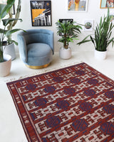 Vintage kilim rug in room decor setting, old rug, antique rug, pastel colors, faded colors, Turkish rug, vintage rug, soft rug, Portland, Oregon, rug store, rug shop, local shop, bold colors, bright colors, faded colors