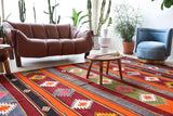 Vintage kilim rug in living room setting, bright colors, wild shaman, soft rug, bold color, Portland, Oregon, rug store, rug shop, local shop, vintage rug, modern kilim, warm colors