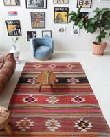 Vintage kilim rug in room decor setting, old rug, antique rug, pastel colors, faded colors, Turkish rug, vintage rug, soft rug, Portland, Oregon, rug store, rug shop, local shop, bold colors, bright colors, faded colors