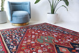 Vintage kilim rug in living room setting, bright colors, wild shaman, soft rug, bold color, Portland, Oregon, rug store, rug shop, local shop, vintage rug, modern kilim, warm colors, antique kilim rug