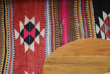 Vintage kilim rug in room decor setting, old rug, antique rug, pastel colors, faded colors, Turkish rug, vintage rug, soft rug, Portland, Oregon, rug store, rug shop, local shop, bold colors, bright colors, faded colors
