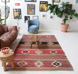 Vintage kilim rug in room decor setting, old rug, antique rug, pastel colors, faded colors, Turkish rug, vintage rug, soft rug, Portland, Oregon, rug store, rug shop, local shop, bold colors, bright colors, faded colors