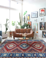 Vintage Turkish rug in a living room setting, pile rug, Turkish rug, vintage rug, portland, rug shop, bright colors, wild shaman, soft rug, bold color, Portland, Oregon, rug store, rug shop, local shop, antique rug