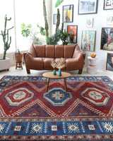 Vintage Turkish rug in a living room setting, pile rug, Turkish rug, vintage rug, portland, rug shop, bright colors, wild shaman, soft rug, bold color, Portland, Oregon, rug store, rug shop, local shop, antique rug