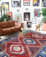 Vintage Turkish rug in a living room setting, pile rug, Turkish rug, vintage rug, portland, rug shop, bright colors, wild shaman, soft rug, bold color, Portland, Oregon, rug store, rug shop, local shop, antique rug