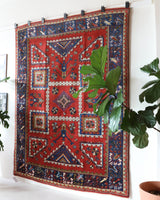 Vintage Turkish rug in a living room setting, pile rug, Turkish rug, vintage rug, portland, rug shop, bright colors, wild shaman, soft rug, bold color, Portland, Oregon, rug store, rug shop, local shop, antique rug