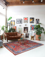 Vintage Turkish rug in a living room setting, pile rug, Turkish rug, vintage rug, portland, rug shop, bright colors, wild shaman, soft rug, bold color, Portland, Oregon, rug store, rug shop, local shop, antique rug