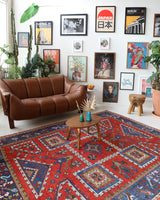 Vintage Turkish rug in a living room setting, pile rug, Turkish rug, vintage rug, portland, rug shop, bright colors, wild shaman, soft rug, bold color, Portland, Oregon, rug store, rug shop, local shop, antique rug