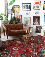 Vintage Turkish rug in a living room setting, pile rug, Turkish rug, vintage rug, portland, rug shop, bright colors, wild shaman, soft rug, bold color, Portland, Oregon, rug store, rug shop, local shop, antique rug