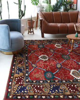 Vintage Turkish rug in a living room setting, pile rug, Turkish rug, vintage rug, portland, rug shop, bright colors, wild shaman, soft rug, bold color, Portland, Oregon, rug store, rug shop, local shop, antique rug