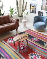 Vintage kilim rug in living room setting, bright colors, wild shaman, soft rug, bold color, Portland, Oregon, rug store, rug shop, local shop, vintage rug, modern kilim, warm colors