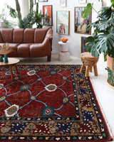 Vintage Turkish rug in a living room setting, pile rug, Turkish rug, vintage rug, portland, rug shop, bright colors, wild shaman, soft rug, bold color, Portland, Oregon, rug store, rug shop, local shop, antique rug